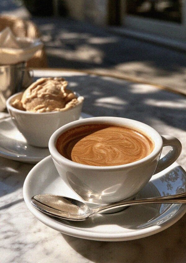 An espresso and a cup of gelato on a marble cafe table in Tuscany