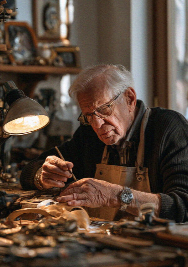 An older Venetian craftsman working at a cluttered lamplit workbench with fine tools