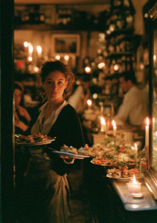 A waitress carrying cicchetti through a candlelit Venetian bacaro