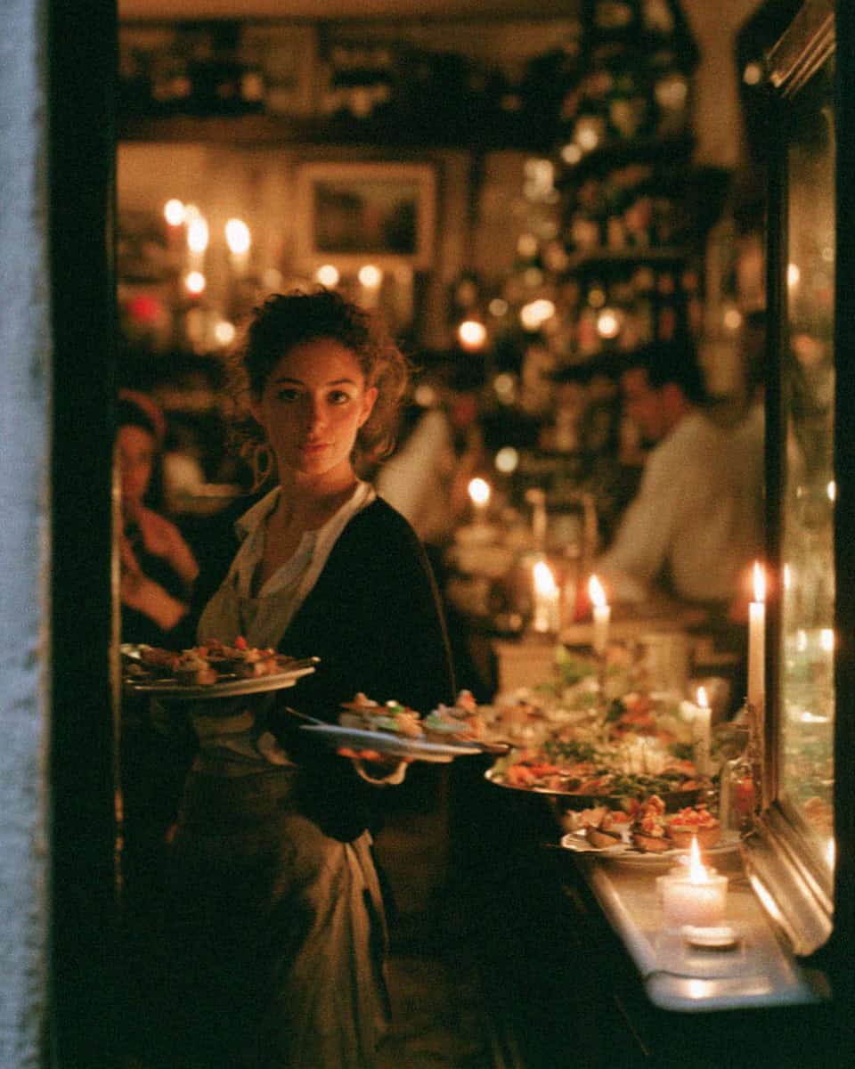 A waitress carrying cicchetti through a candlelit Venetian bacaro