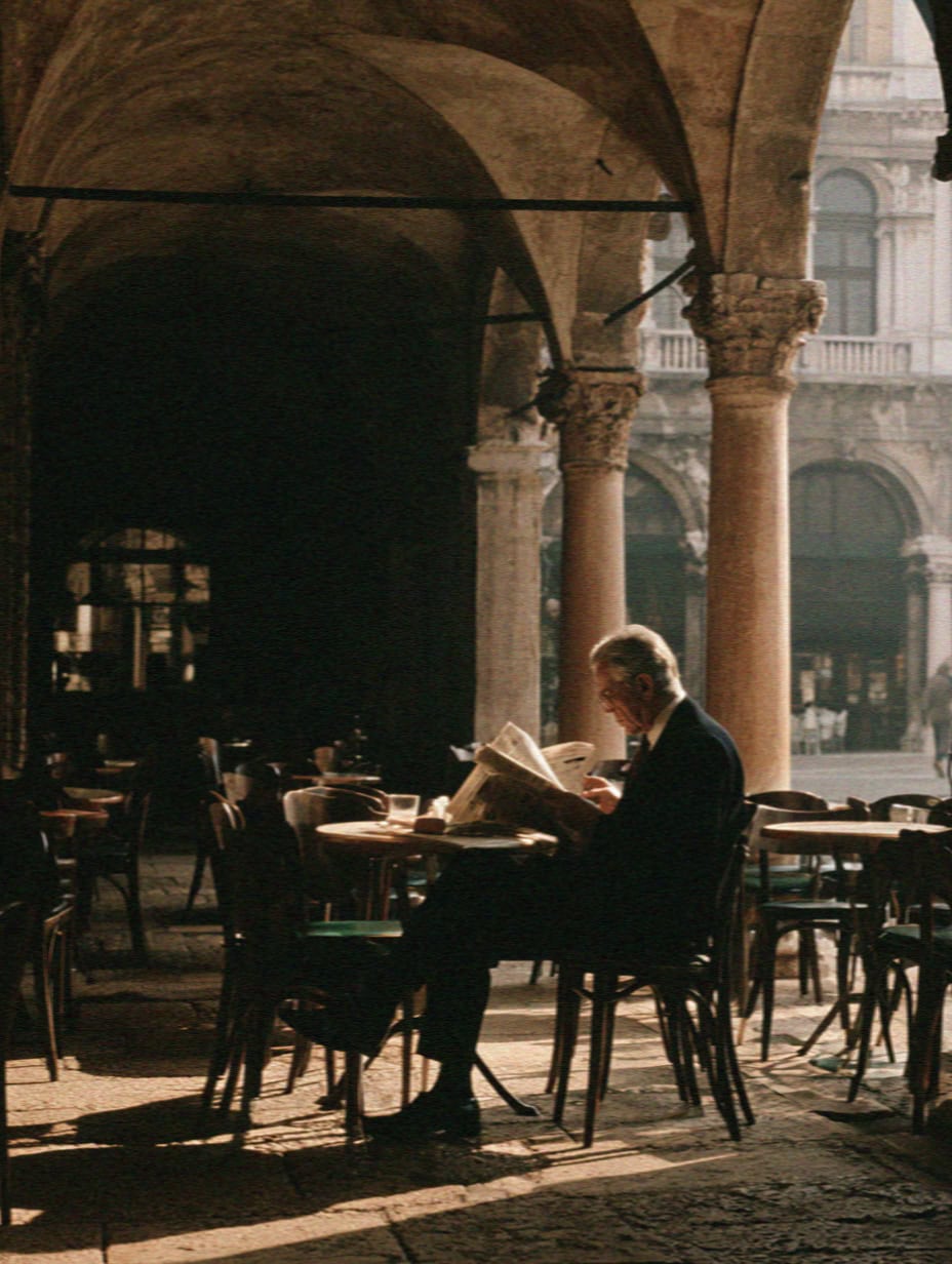 A quiet Venetian cafe under an arcade