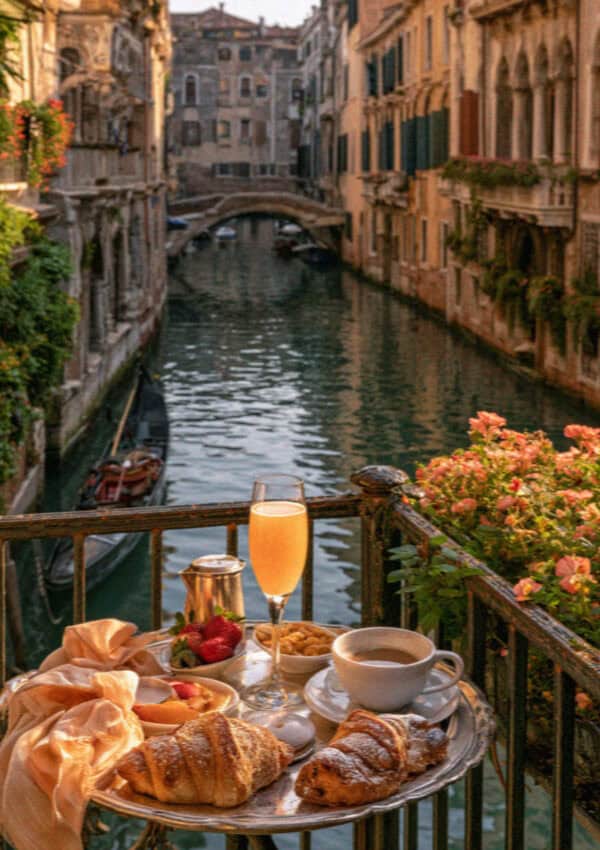 A breakfast tray with a Bellini on a Venetian canal-side balcony