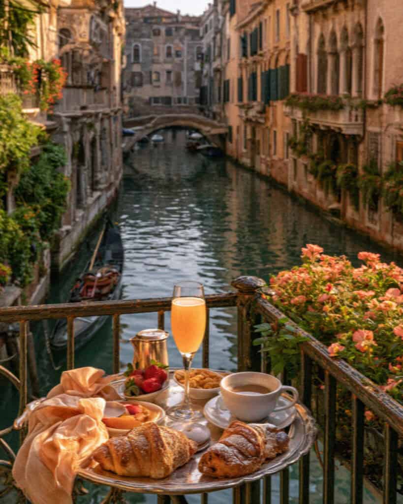 A breakfast tray with a Bellini on a Venetian canal-side balcony