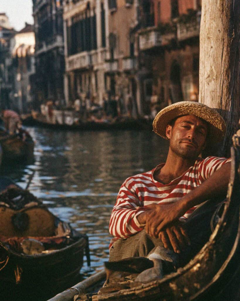 A Venetian gondolier in a striped shirt resting in his gondola