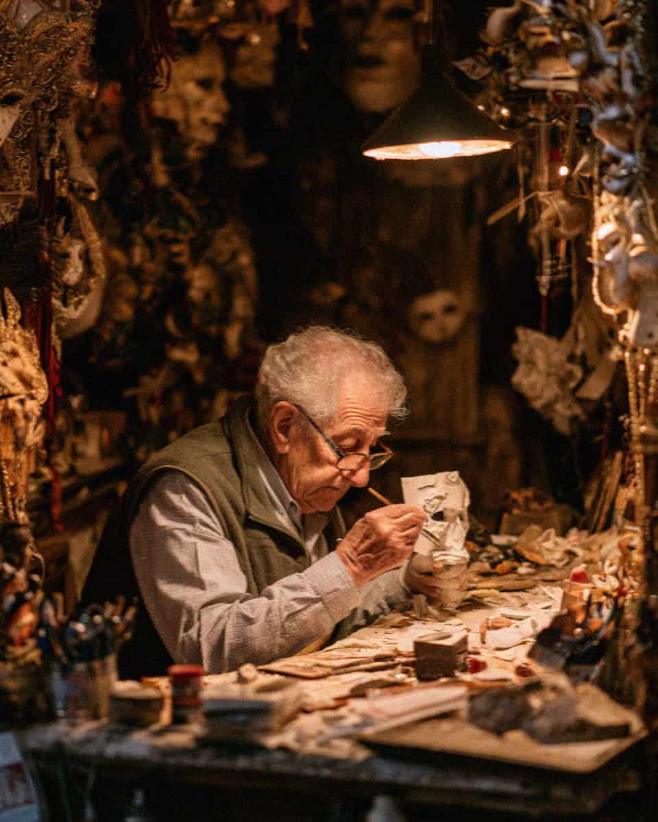 A Venetian mask-maker at his workbench