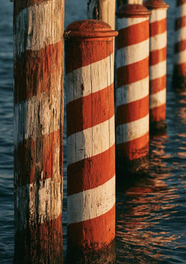 Striped mooring poles, briccole, in the Venetian lagoon