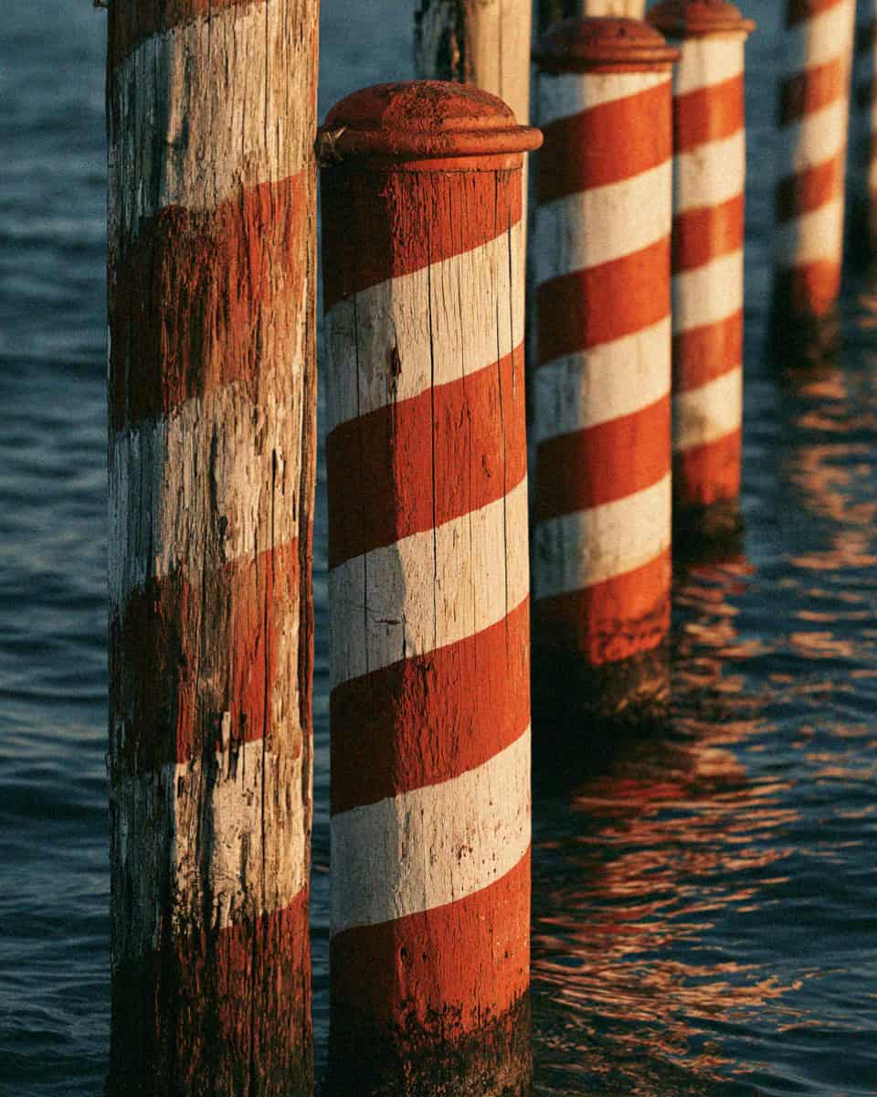 Striped mooring poles, briccole, in the Venetian lagoon