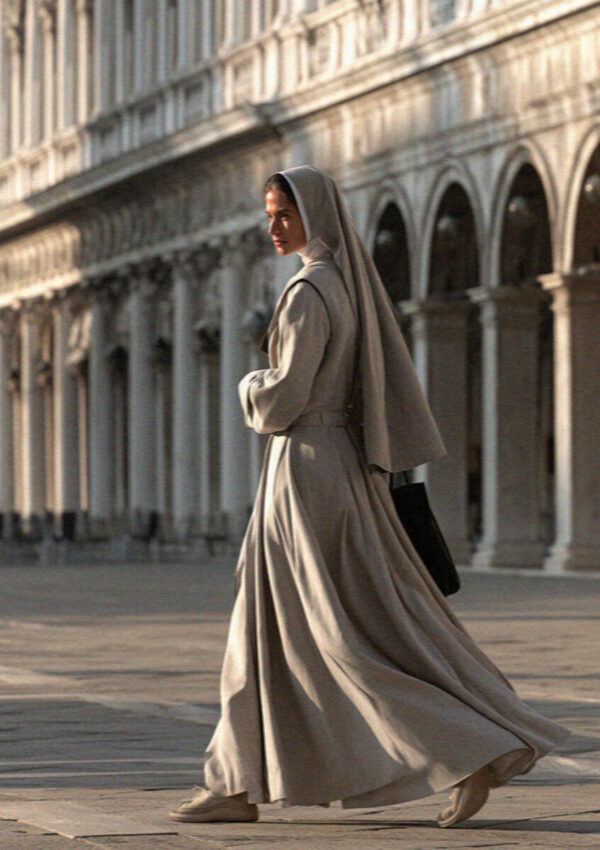 A nun in a grey habit walking through the sunlit arcades near Piazza San Marco