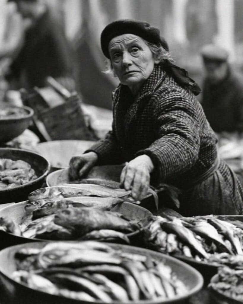 A woman choosing fish at the Rialto market, Venice