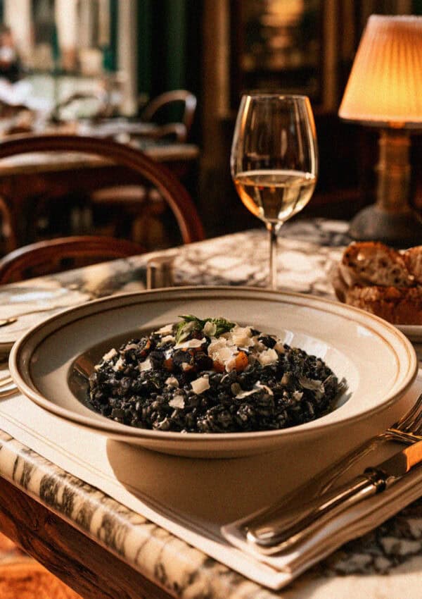 Squid-ink risotto, risotto al nero di seppia, in Venice