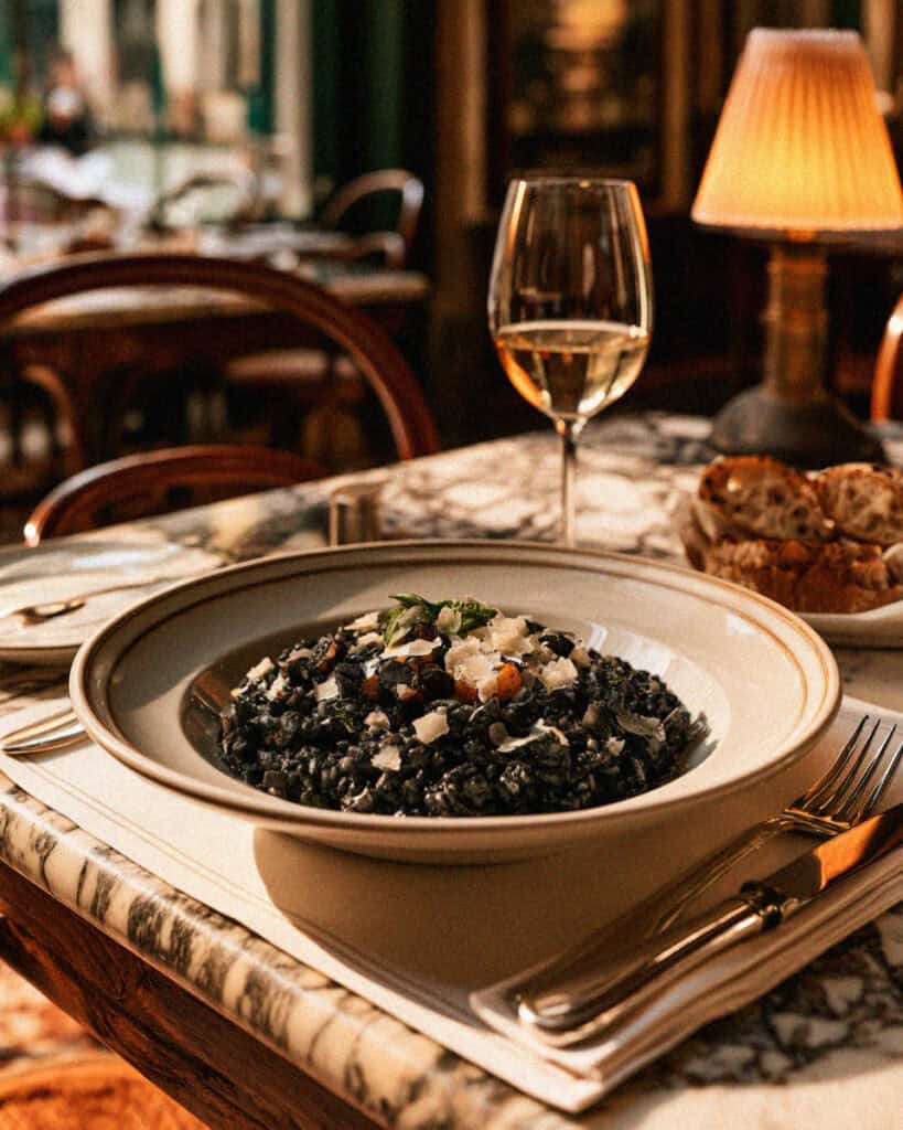 Squid-ink risotto, risotto al nero di seppia, in Venice