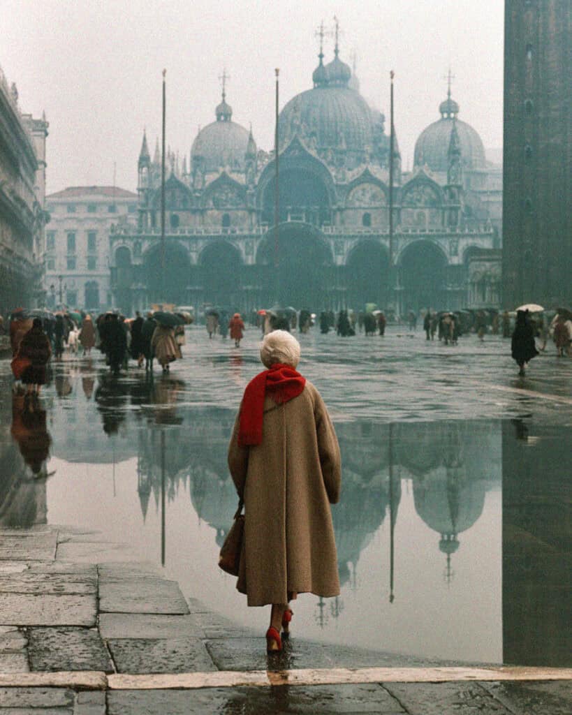 A winter tourist crossing a foggy Piazza San Marco in acqua alta