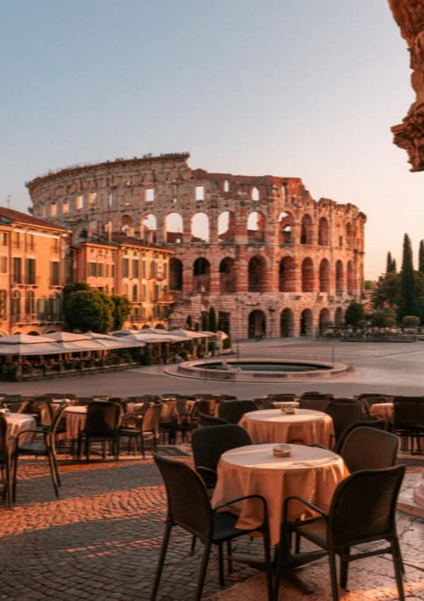 The Roman Arena and the cafes of Piazza Bra at golden hour, Verona