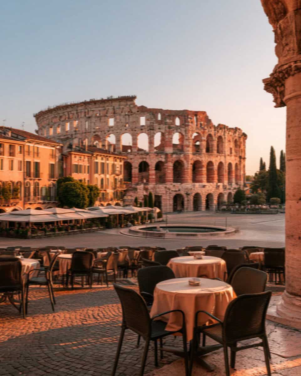 The Roman Arena and the cafes of Piazza Bra at golden hour, Verona