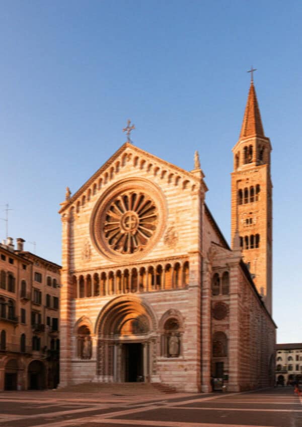 The facade and rose window of the Basilica of San Zeno, Verona