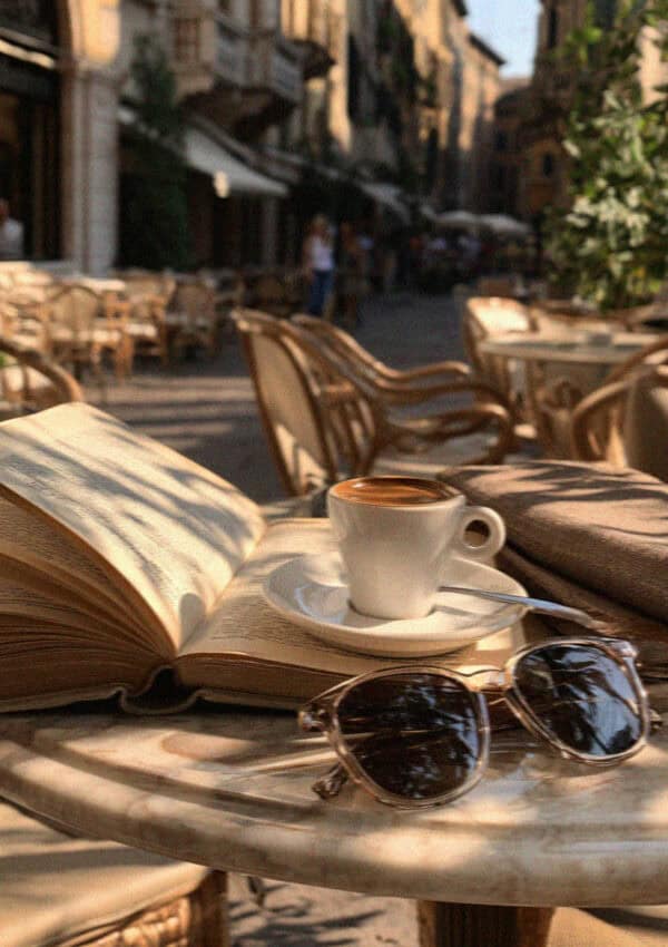 An open book and an espresso on a marble cafe table in Verona