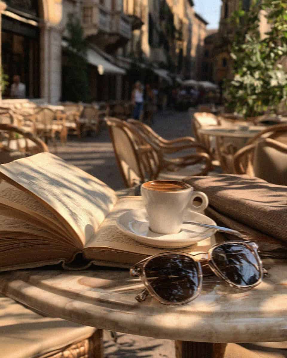 An open book and an espresso on a marble cafe table in Verona