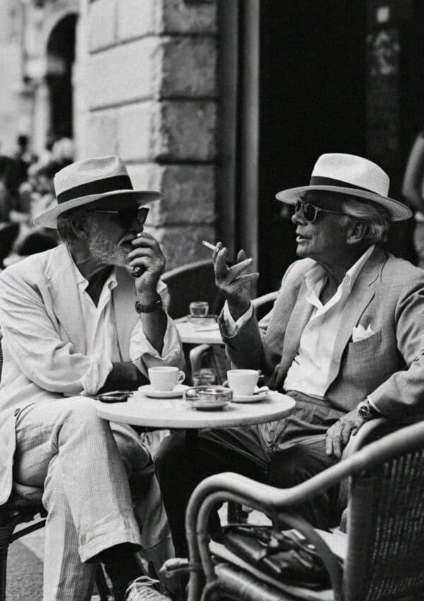 Two older men over espresso at a Verona cafe