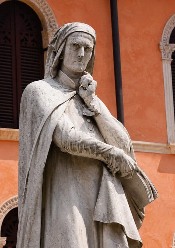 The marble statue of the poet Dante Alighieri in the Piazza dei Signori in Verona
