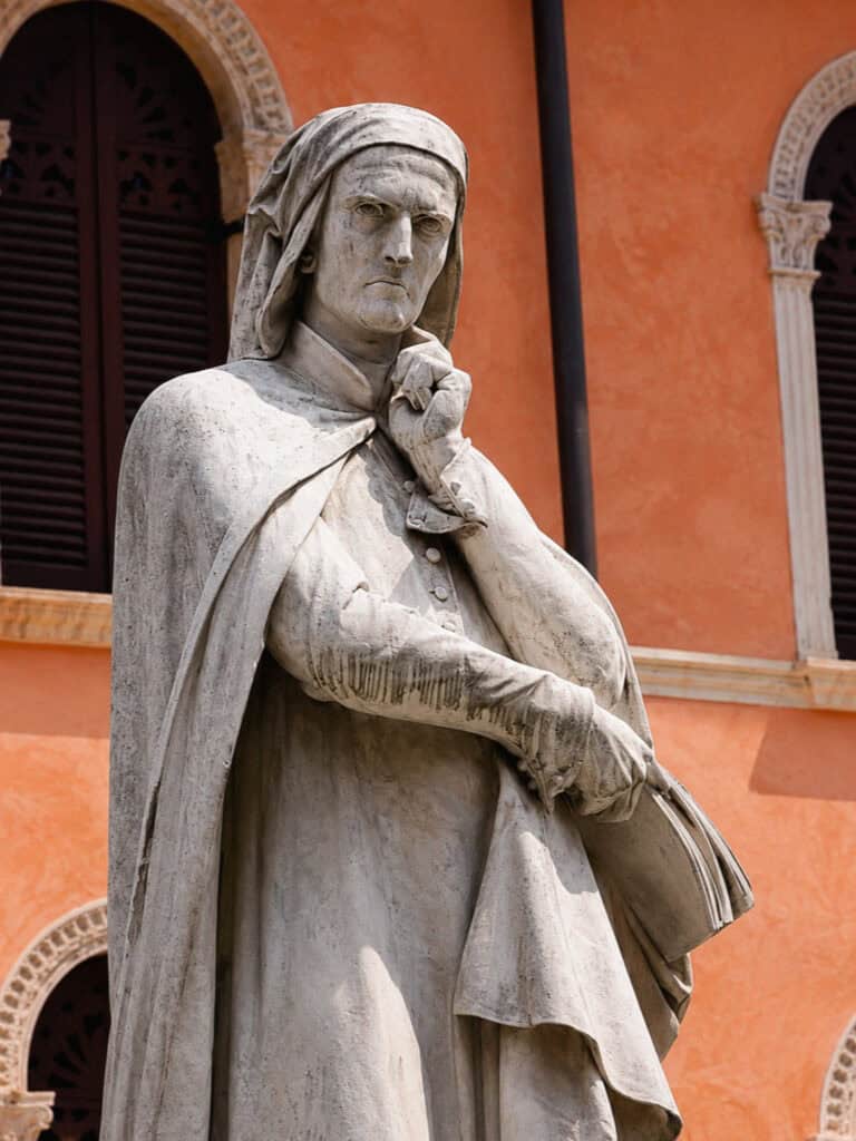 The marble statue of the poet Dante Alighieri in the Piazza dei Signori in Verona