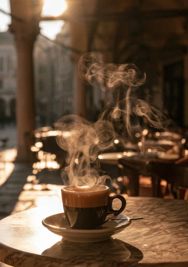 A morning espresso on a marble cafe table in Verona