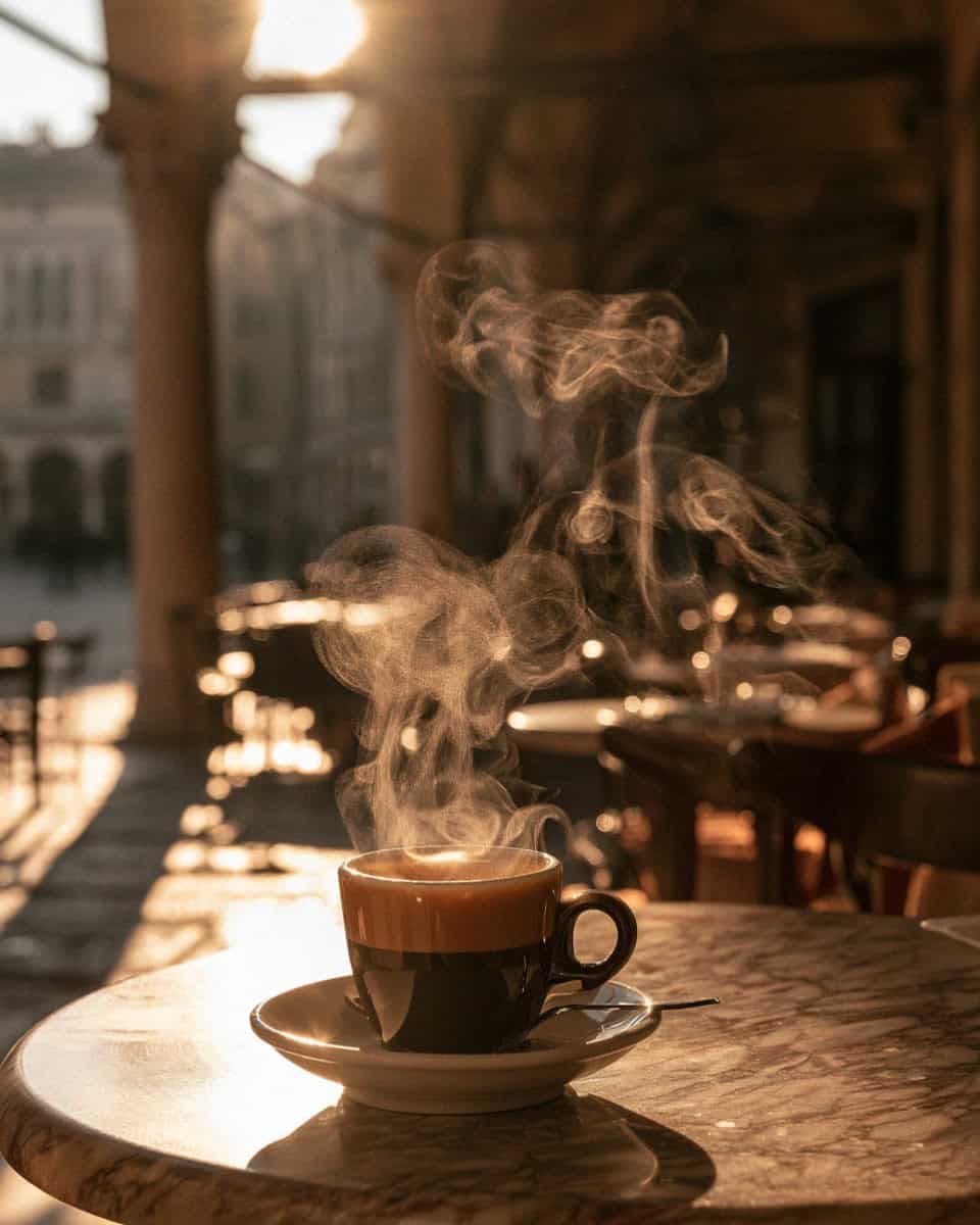 A morning espresso on a marble cafe table in Verona