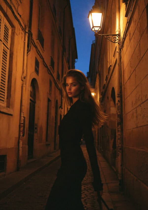 A narrow lamplit lane in Verona's old town in the evening
