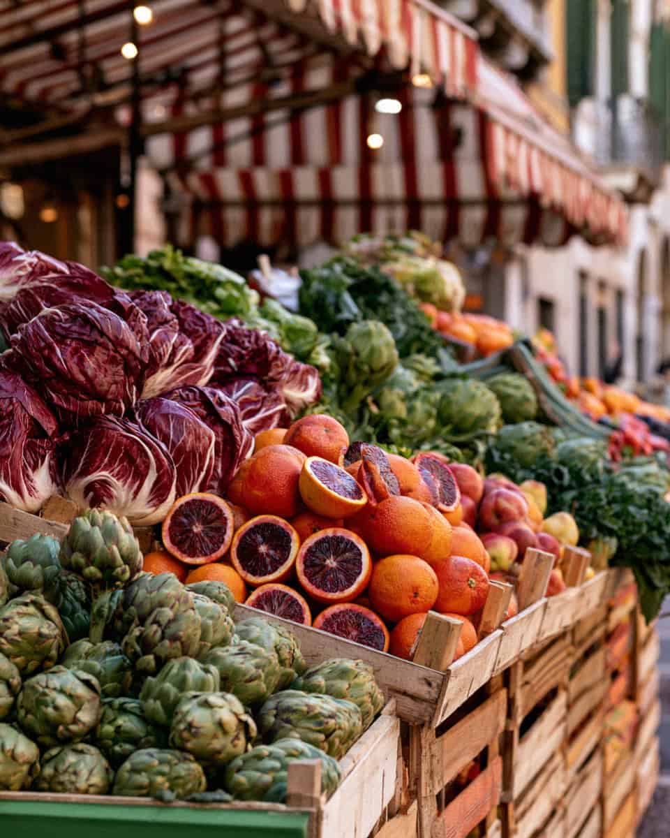 A produce stall of radicchio, artichokes and blood oranges at the Piazza delle Erbe market, Verona