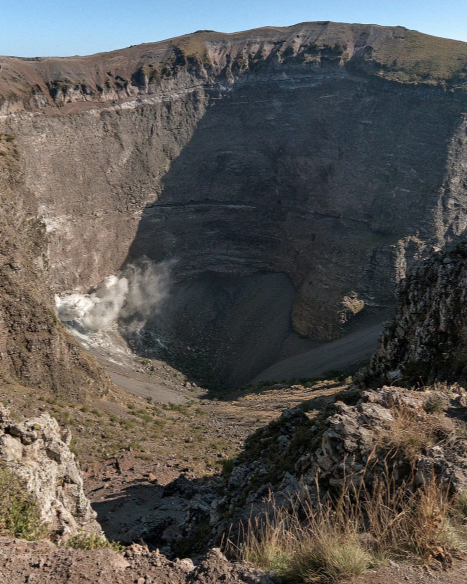 The grey sulphurous bowl of the Vesuvius crater seen from the rim trail with steam venting from the rock, no people
