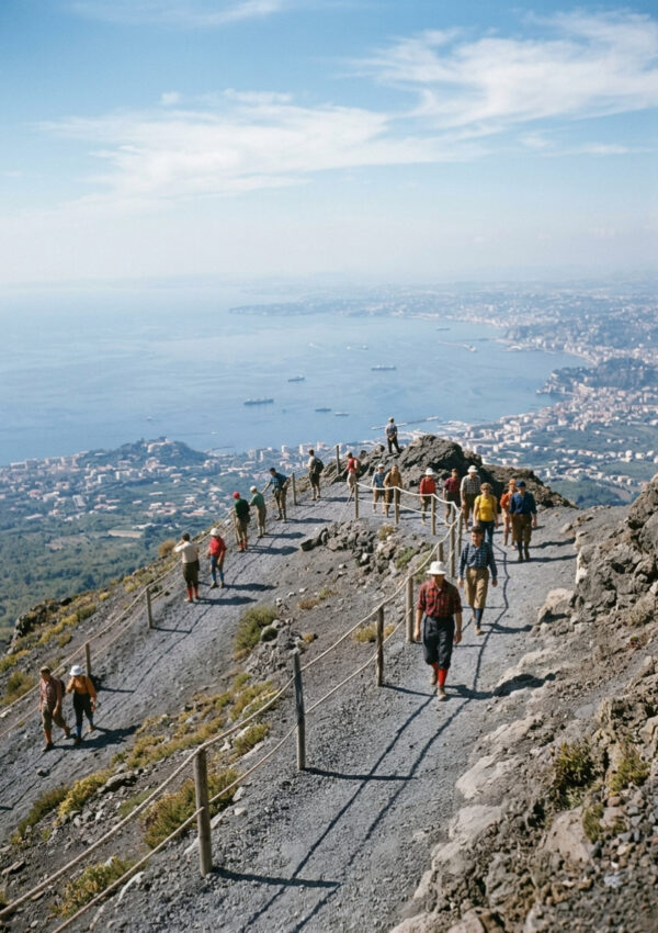 Hikers strung out along the zigzag grey gravel trail high on the bare upper slope of Vesuvius with the Bay of Naples hazy far below