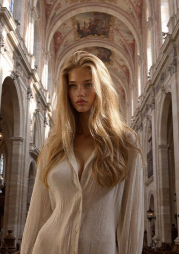 Victoria van der Berg standing close to a frescoed arcade in Assisi in soft interior light