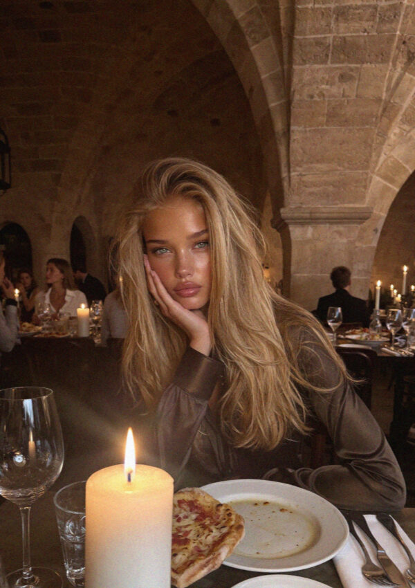 Victoria van der Berg at a candlelit table in a stone-vaulted Assisi trattoria
