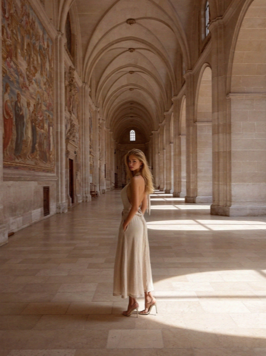 Victoria van der Berg alone in the tall frescoed nave of the Upper Basilica in Assisi in full morning daylight