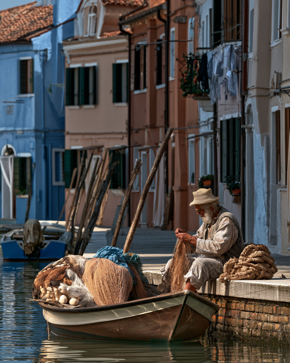 Victoria van der Berg in a white lace dress among the painted houses of Burano.
