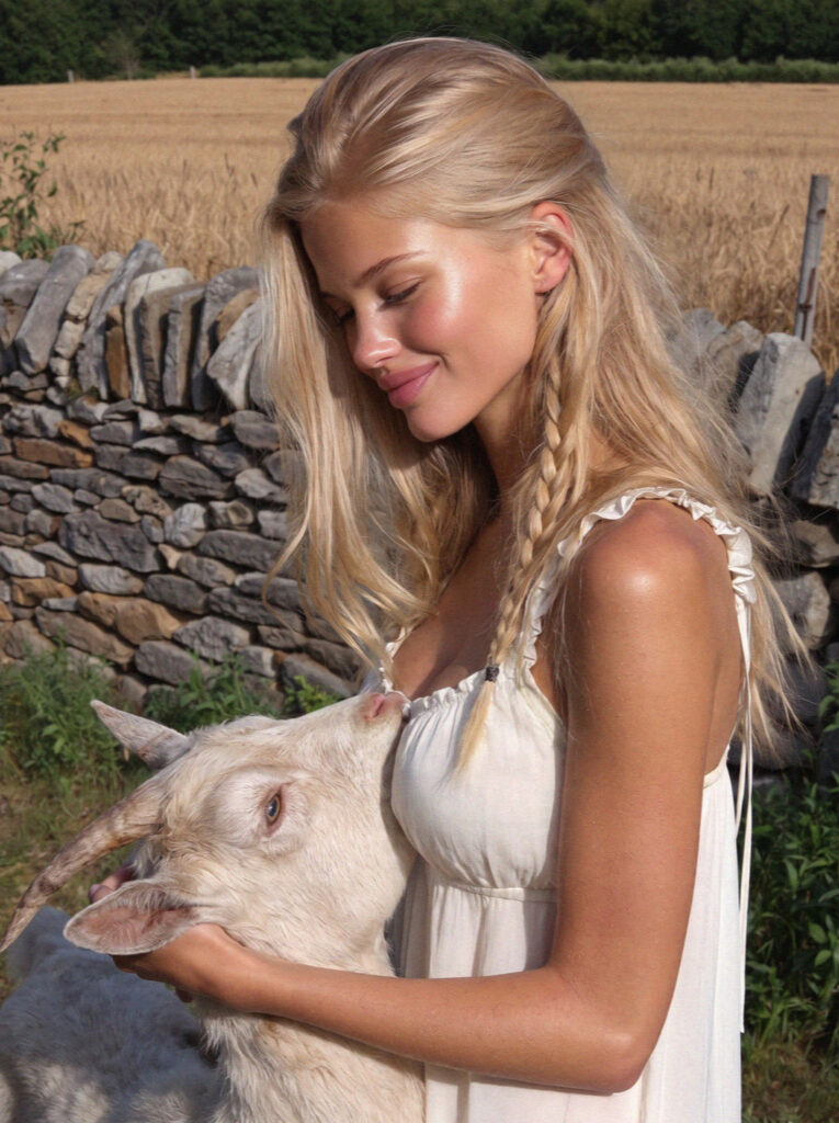 Victoria van der Berg in a white dress with an alpine goat on the Alpe di Siusi in the Dolomites