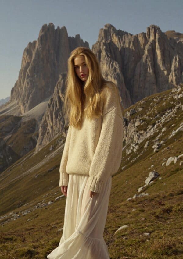 Victoria Van Der Berg in the Alpe di Siusi meadows on a misty morning, Dolomites