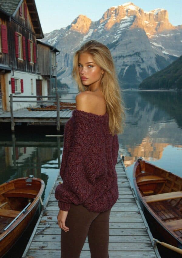Victoria Van Der Berg on the jetty by the boathouse at Lago di Braies, Dolomites