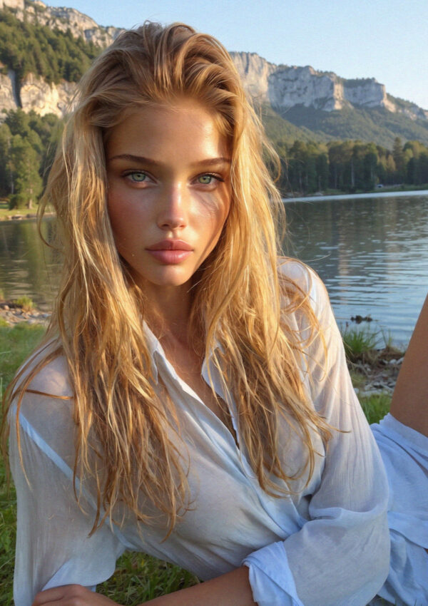 Victoria van der Berg in a light-blue shirt by a Dolomites lake