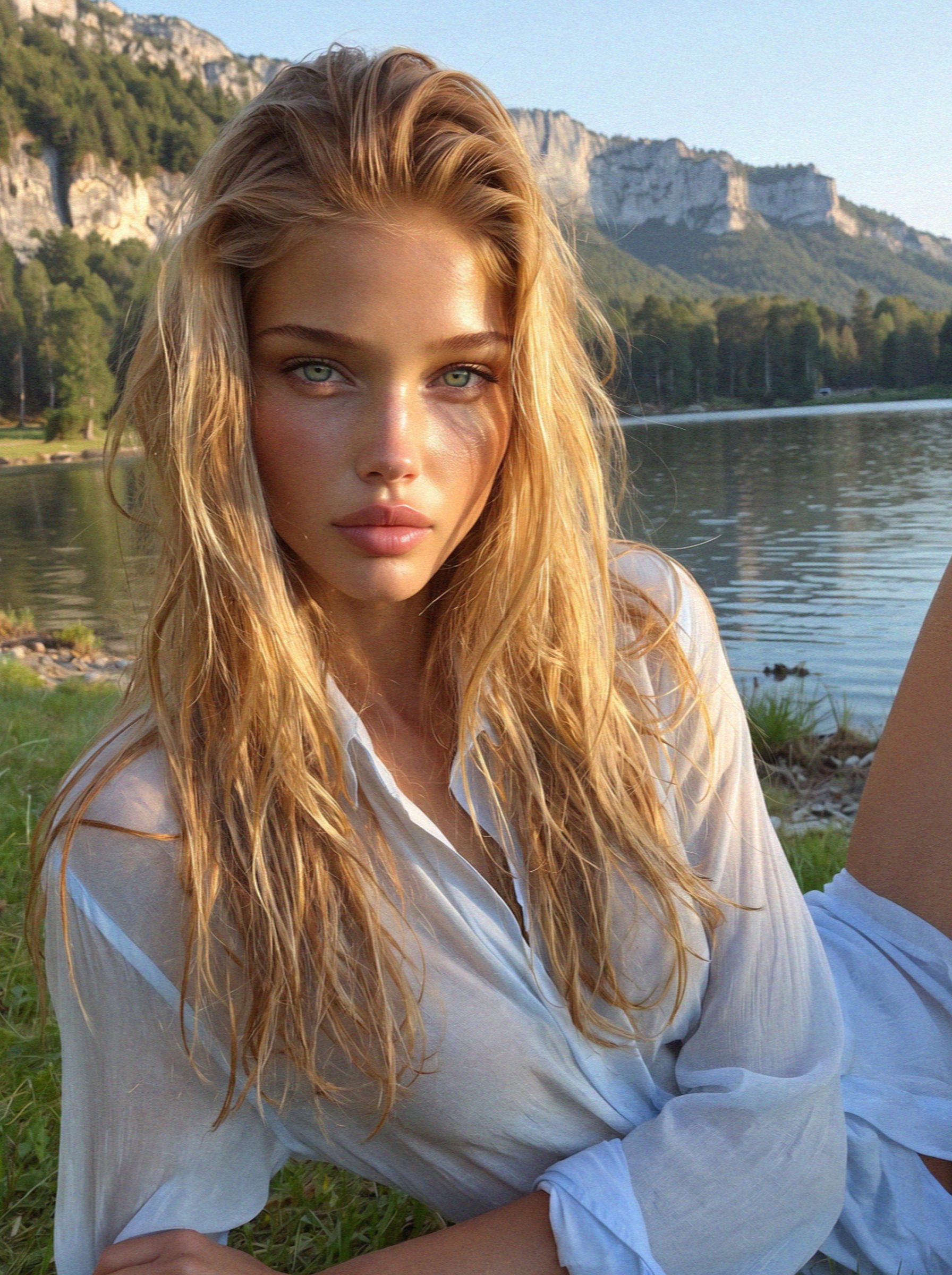 Victoria van der Berg in a light-blue shirt by a Dolomites lake