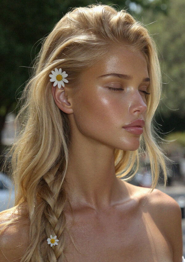Victoria van der Berg with an alpine wildflower in her hair in the Dolomites