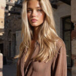 Portrait of Victoria van der Berg in a terracotta linen shirt in a preserved street in Herculaneum with original wooden beams above