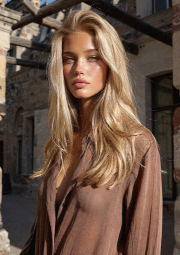 Portrait of Victoria van der Berg in a terracotta linen shirt in a preserved street in Herculaneum with original wooden beams above