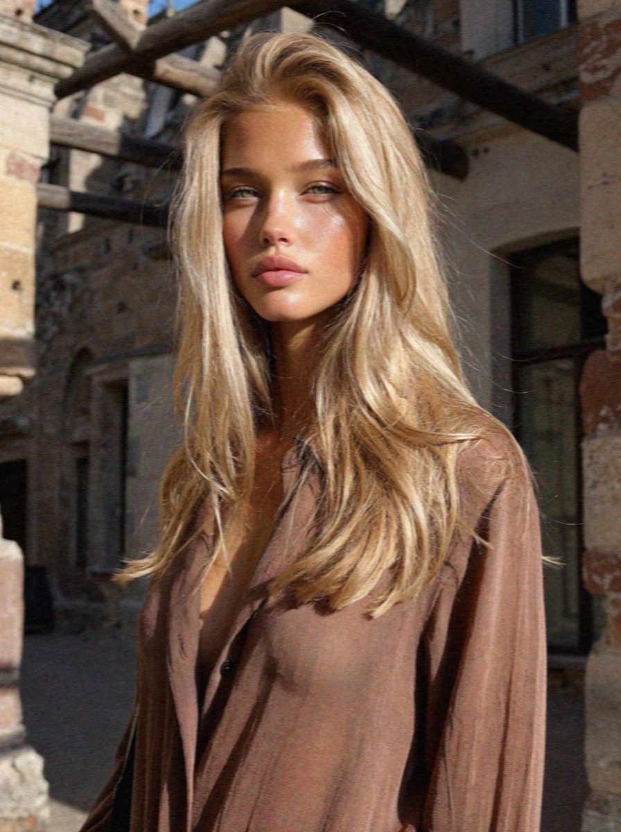 Portrait of Victoria van der Berg in a terracotta linen shirt in a preserved street in Herculaneum with original wooden beams above