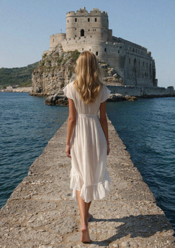 Victoria van der Berg in a white linen sundress on the stone causeway out to the Castello Aragonese on Ischia
