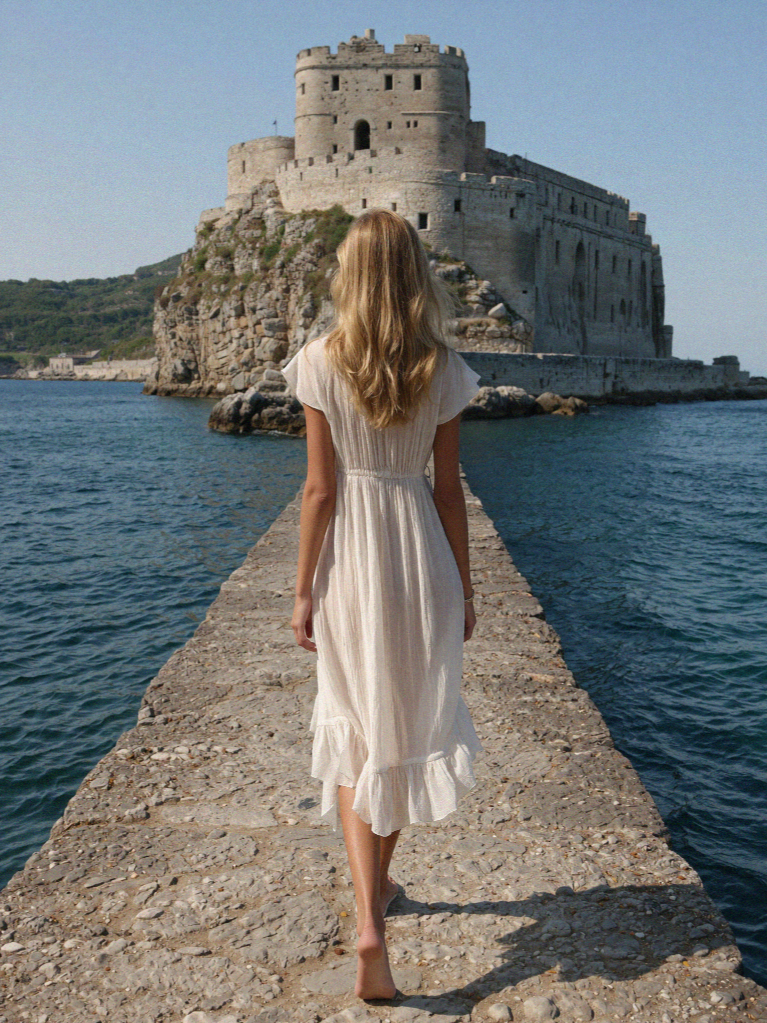 Victoria van der Berg in a white linen sundress on the stone causeway out to the Castello Aragonese on Ischia