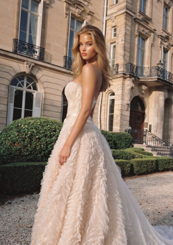 Victoria van der Berg in a blush tulle gown before the facade of a grand villa on Lake Como