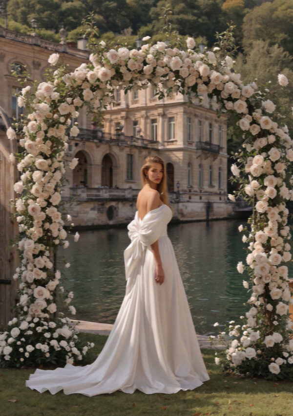 Victoria van der Berg in a silk wedding gown at a lakeside ceremony arch of white flowers on Lake Como