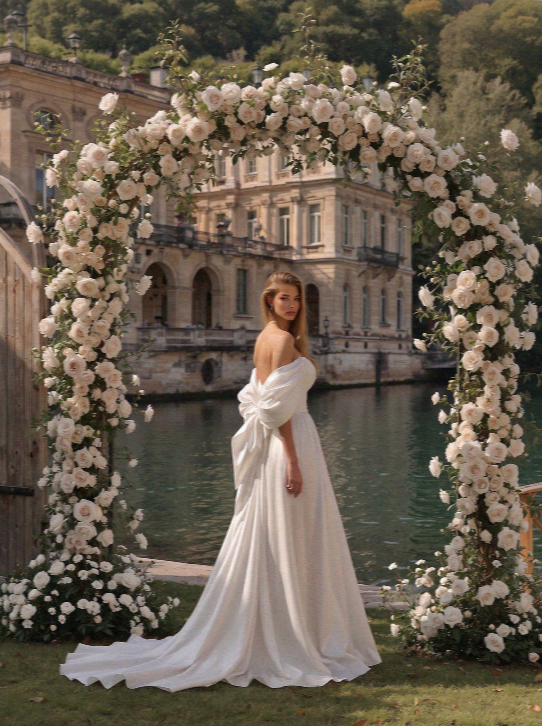 Victoria van der Berg in a silk wedding gown at a lakeside ceremony arch of white flowers on Lake Como