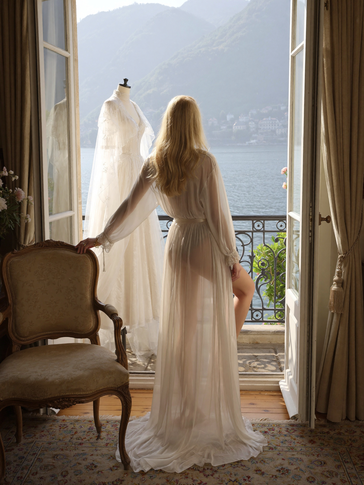 Victoria van der Berg in a silk robe getting ready by a hotel window on Lake Como with her gown hanging behind