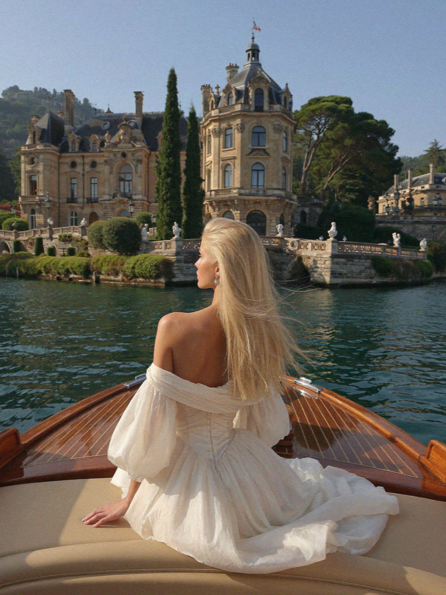 Victoria van der Berg in a wedding gown arriving by classic wooden Riva boat with a Lake Como villa behind